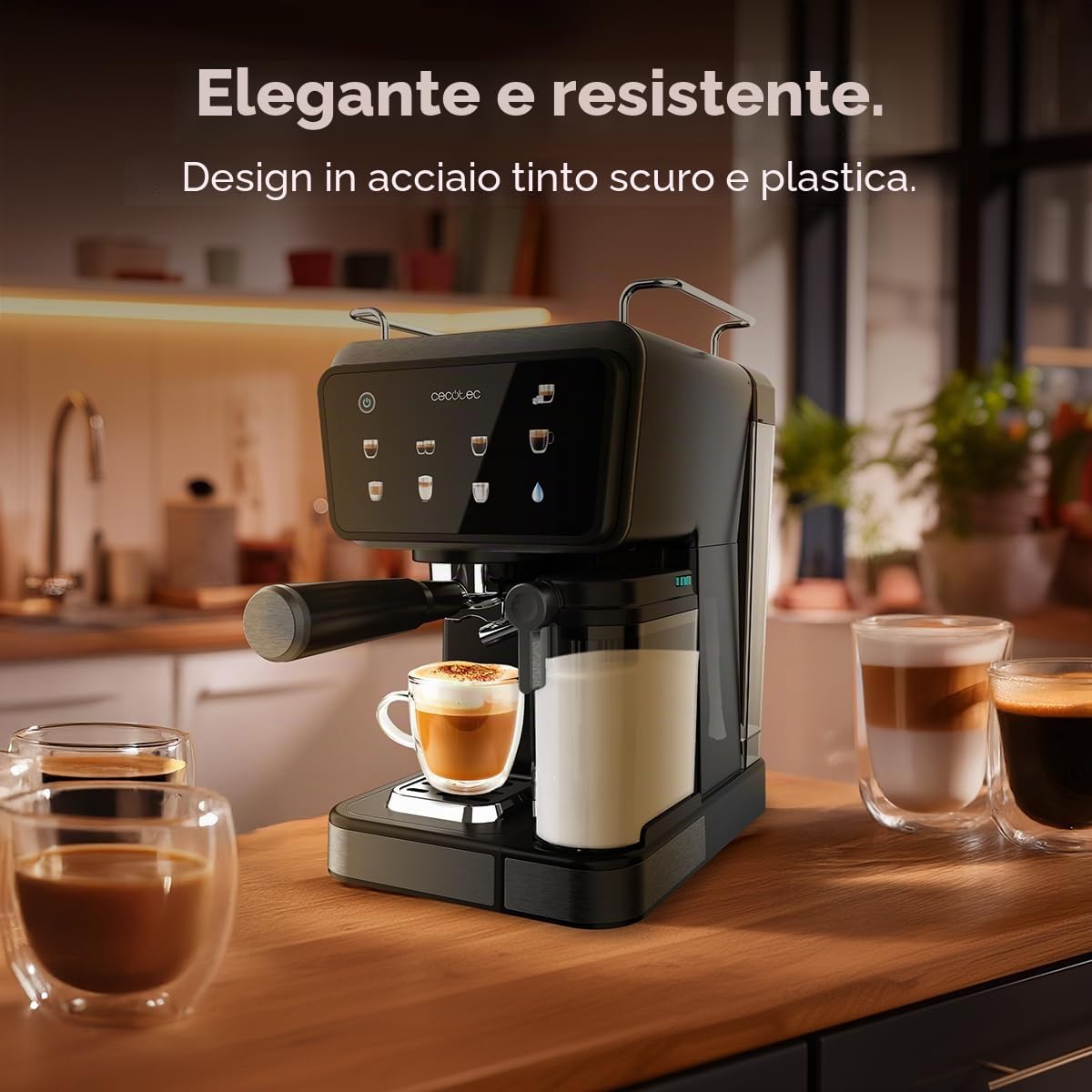 Cecotec Macchine da Caffè Espresso Semiautomatiche Power Espresso Touch ColdBrew Latte. 1350W, 20 Bar, Freddo, Tiepido, Caldo, Schermo Tattile, Serbatoio Acqua 1.5L, Latte 500ml, Doppio Braccio