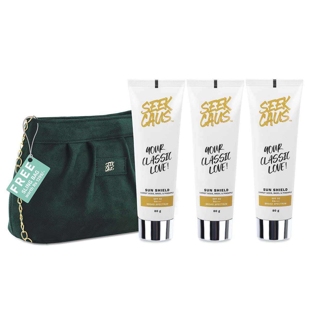 SEEKCAUS Sunscreen with SPF 50 PA+++ for UVA/B & Protects, Hydrates and Repairs, Suitable for acne prone, oily and dry skin, Dewy Finish Type With FREE Sling Bag, For Men & Women, 80gm (Pack of 3)