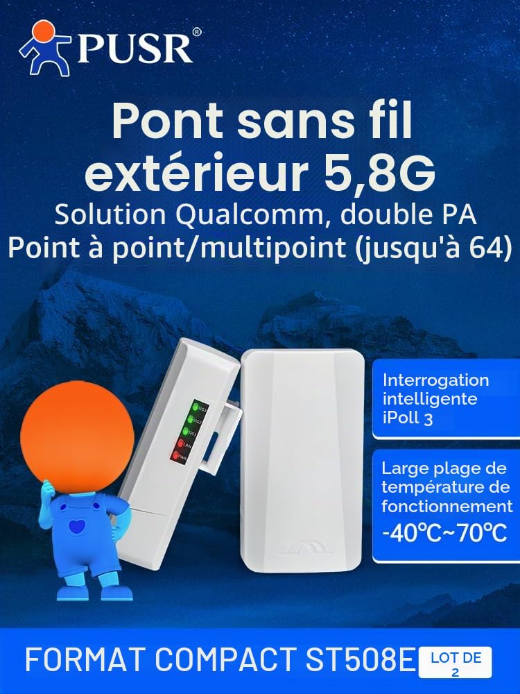 Pont sans fil Gigabit point à point/multipoint double bande 5,8 G WiFi IP64 étanche jusqu'à 2 km 300 Mbps haute vitesse passive 8dBi Antenne à gain élevé 100 Mbps Port LAN extérieur CPE