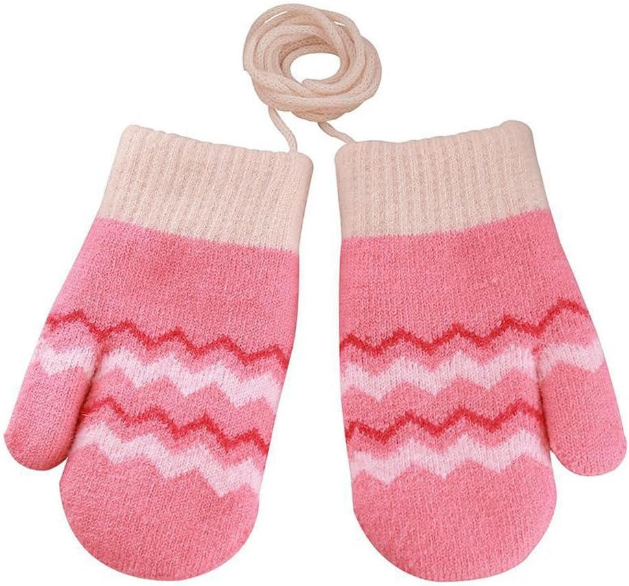 BXT Baby kids Winter Warm Knit Gloves Thermal Wool Fleece Lined Snow Mittens on String for Cold Weather,Full Fingers,0-3 Yrs