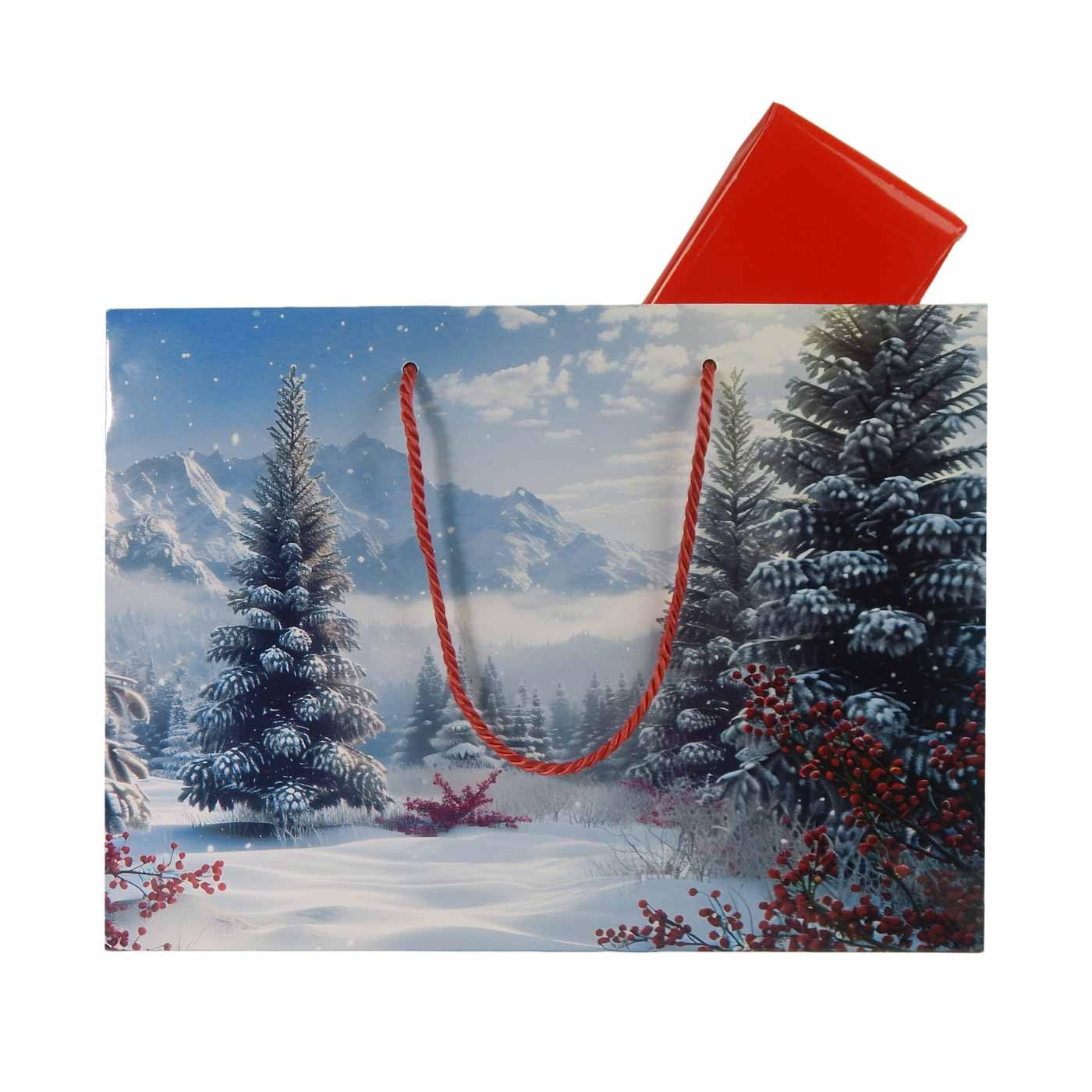 Papiertaschen Weihnachten - 25 Stück, Winterlandschaft 32+12x26 cm, hochwertige Weihnachtstüten für Geschenke mit edler Textilkordel rot | HUTNER
