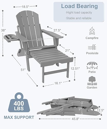 Miniatura 38 de Silla Adirondack ajustable con otomana retráctil, juego de 2, silla Adirondack plegable de polietileno de alta densidad con soporte para tazas