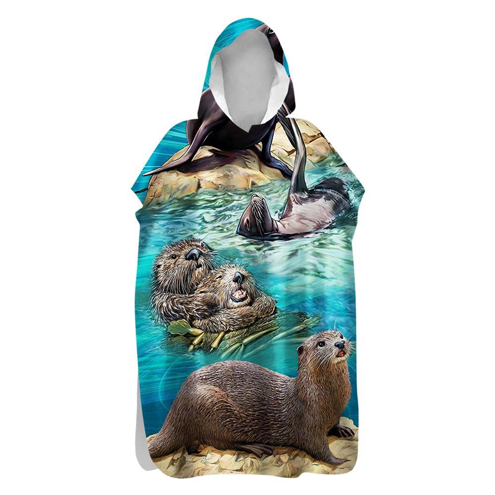 Poncho Asciugamano Con Cappuccio Lukery In Microfibra, Modello Pesce Oceano, Taglie S-M-L, Asciugatura Rapida - 4