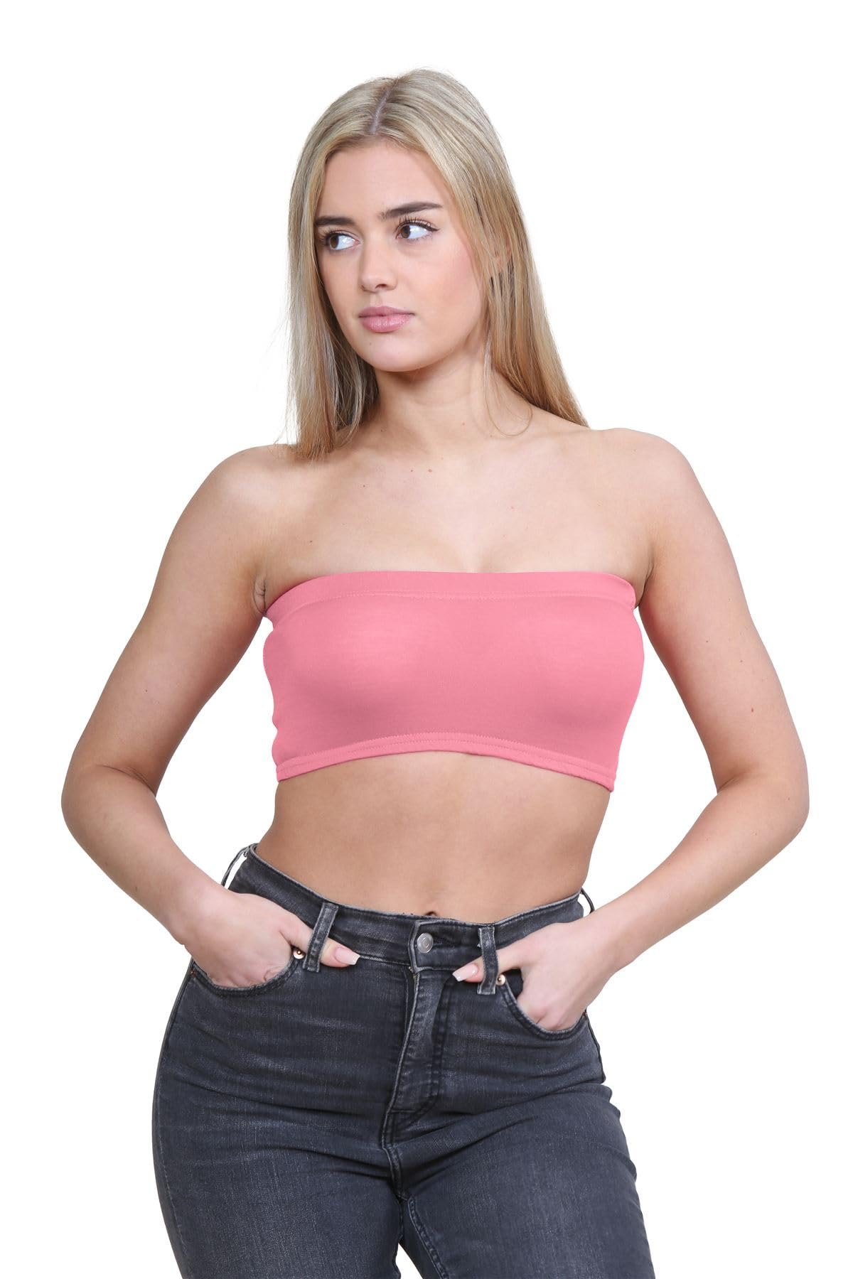 Janisramone Women's Coral New Plain Boob Tube Strapless Bandeau Stretch Soft Elastic Vest Bra Crop Top