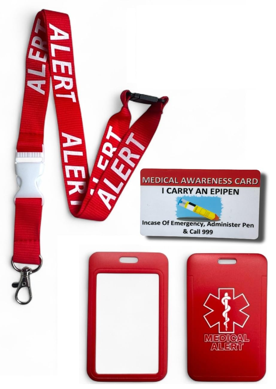 Medical Alert Lanyard with Matching Enclosed Card Holder & Medical Awareness Card (EPI Pen)