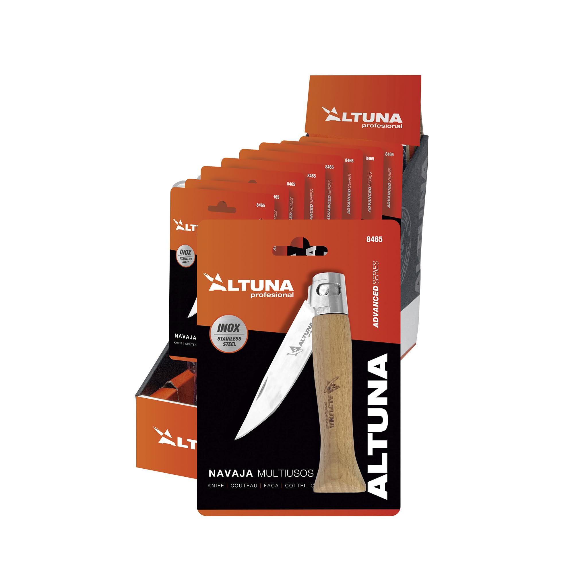 Altuna - Navaja Multiusos Plegable - Hoja de 8 cm de Acero Inoxidable - Con Seguro Anticorte - Mango de Madera Ergonómico - Navaja de Camping, Setas, Senderismo y Pesca - Compacta y Resistente