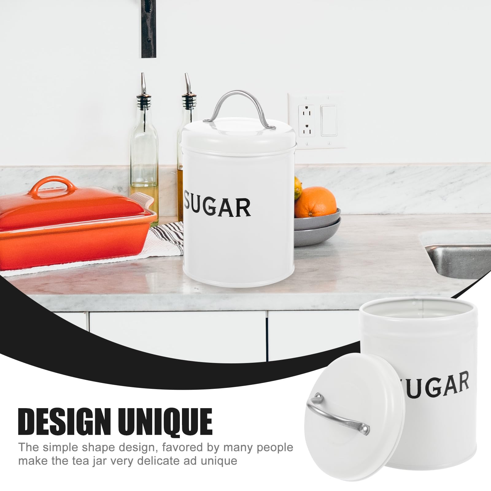 PRETYZOOM Metal Sugar Canister, Small White Canister for Kitchen, Vintage Sugar Canister Jar with Airtight Lid, Kitchen Countertop Decorative Sugar Container (12x9.7x9.7cm)