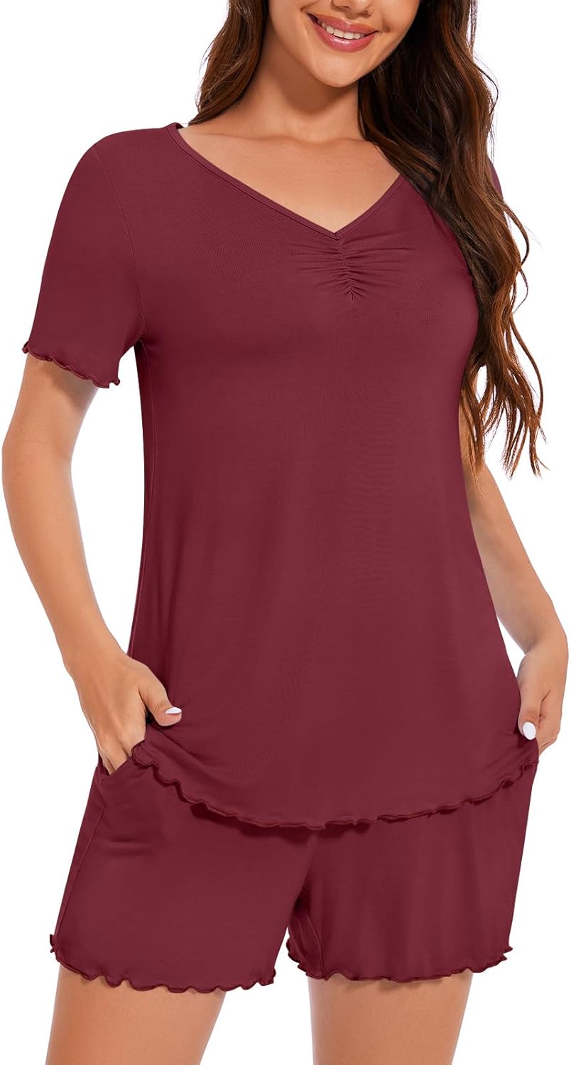 ALIGADUO Womens Summer Comfy V Neck Sleepwear Pjs Casual Two Piece Pajama Set With Pockets - Image 2