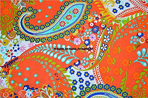 Image of Indian Hand-Block Printed Jaipuri Print Tropical Paisley Floral Ethnic Sanganer Kurti Print Cotton Fabric (Orange Paisley, 20 Yards)