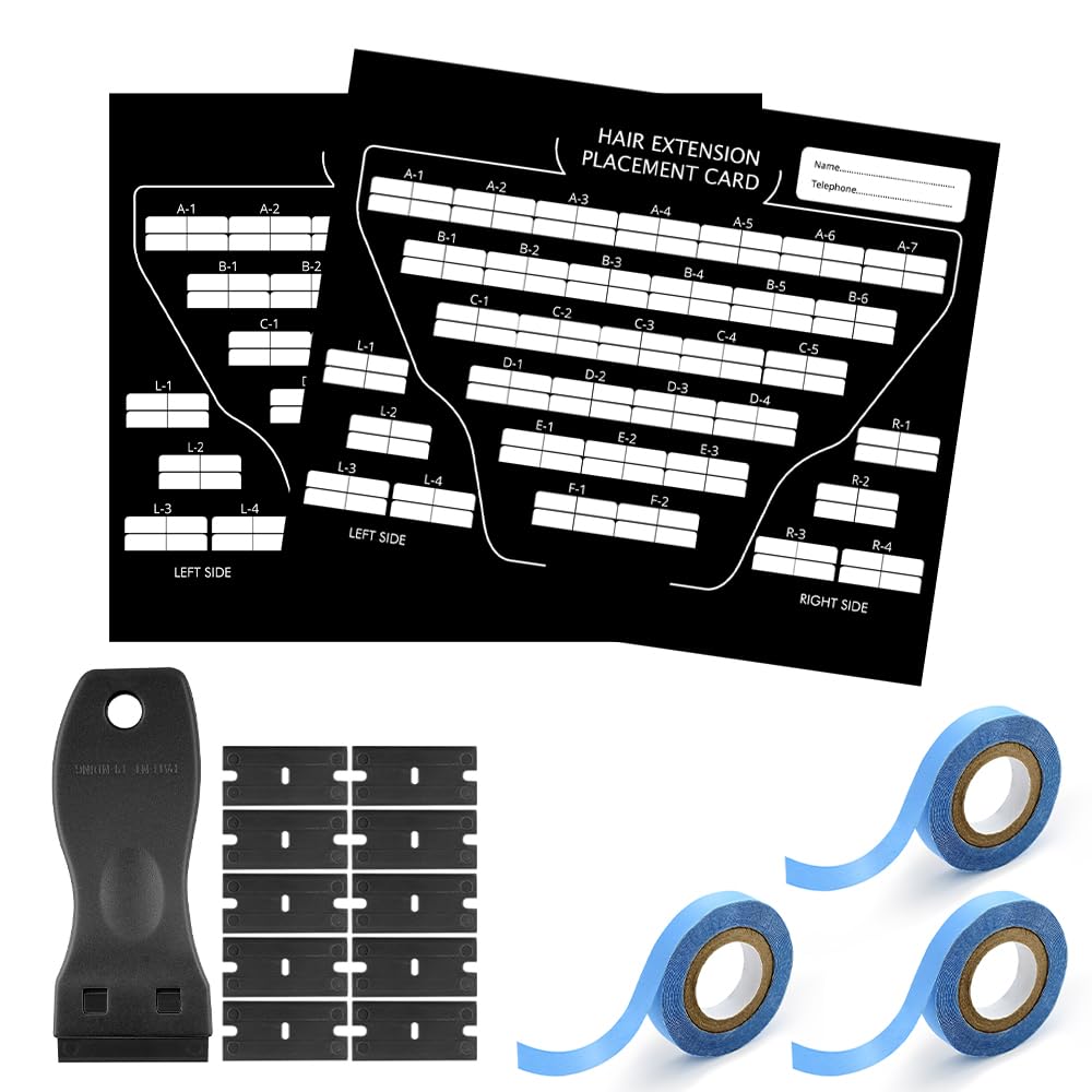 Hair Extension Tool Kit Paper Card Placement Board 3yard Roll Double-sided Hair Extension Tapes Correction Board Tape Remover Kit with Double Edge Plastic Razor Scrapers Blades