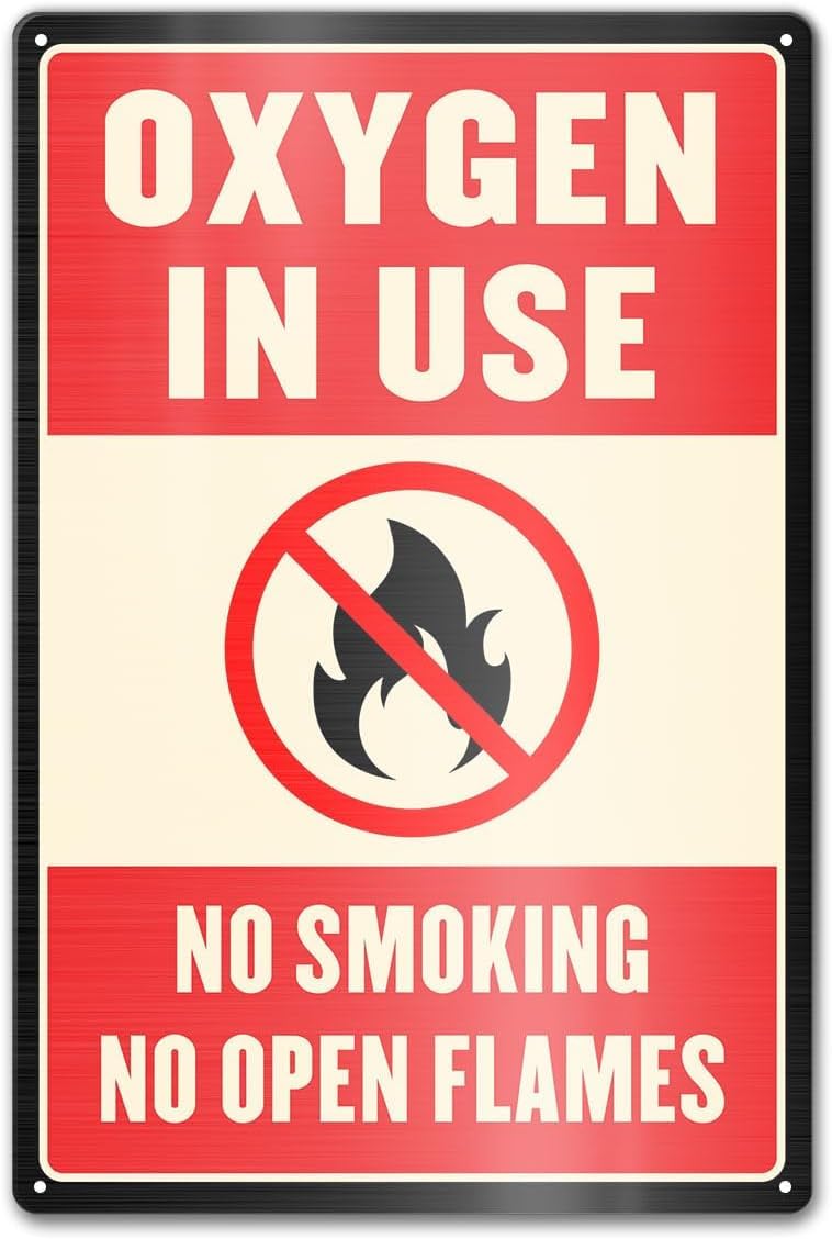 SMAZDFXX Oxygen in Use Signs for Home, No Smoking No Open Flames Metal Sign Indoor Outdoor Cafes Bar Club Office Store Business Accessories 5.5"x8"