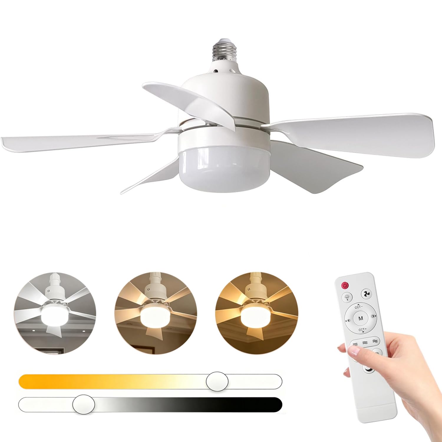 GAGAFEEL Ventilador de Techo con Luz E27 30W, 3 Velocidades, 3 Temperaturas Luz Regulables, Mando a Distancia, Temporizador, Silencioso, Ceiling Fan para Dormitorio, Salón y Cocina (Blanco, 46CM)
