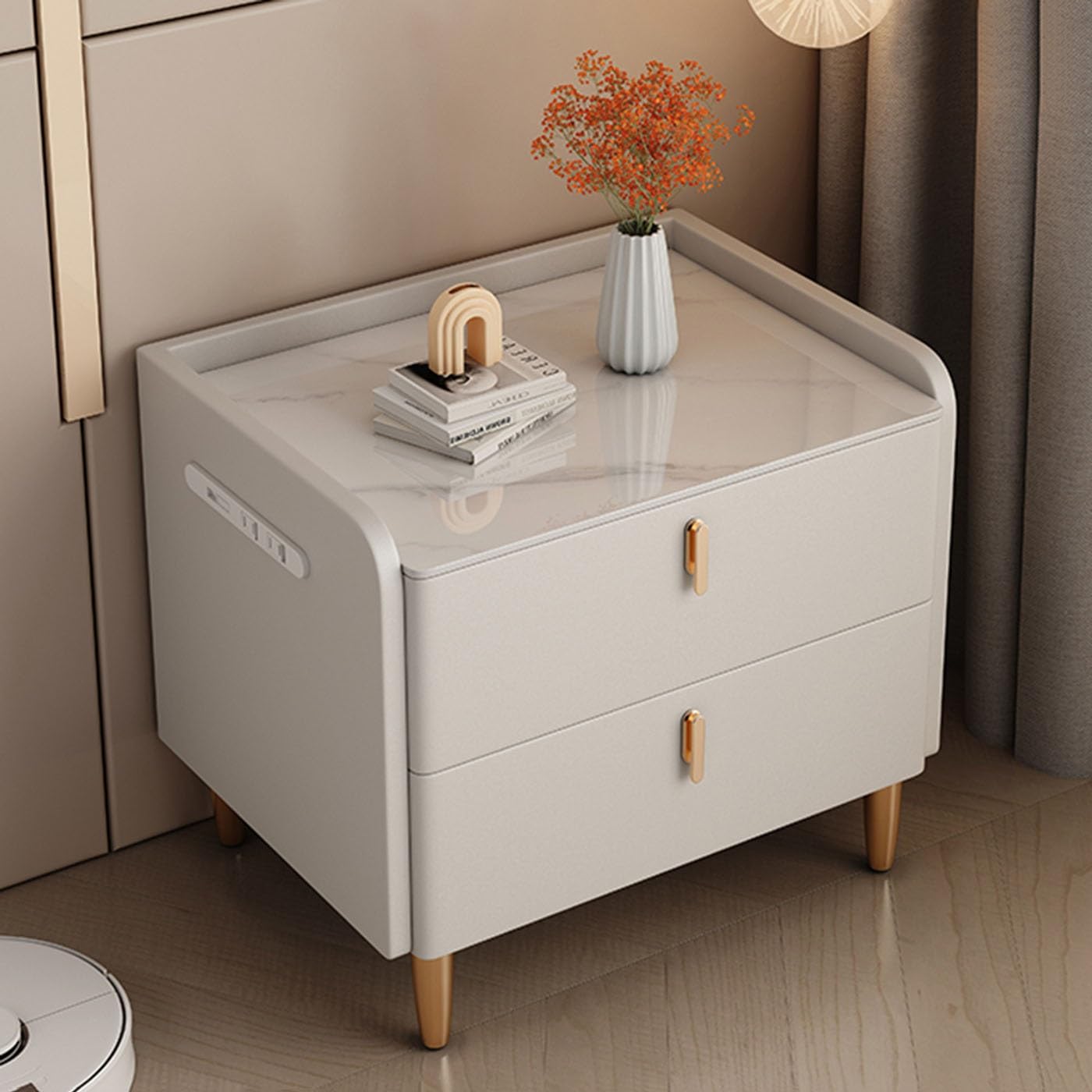 ASerZenith Smart Nightstand With Charging Station,Bedside Table W/Drawer,Minimalist And Practical End Side Table,White-50X40Cm