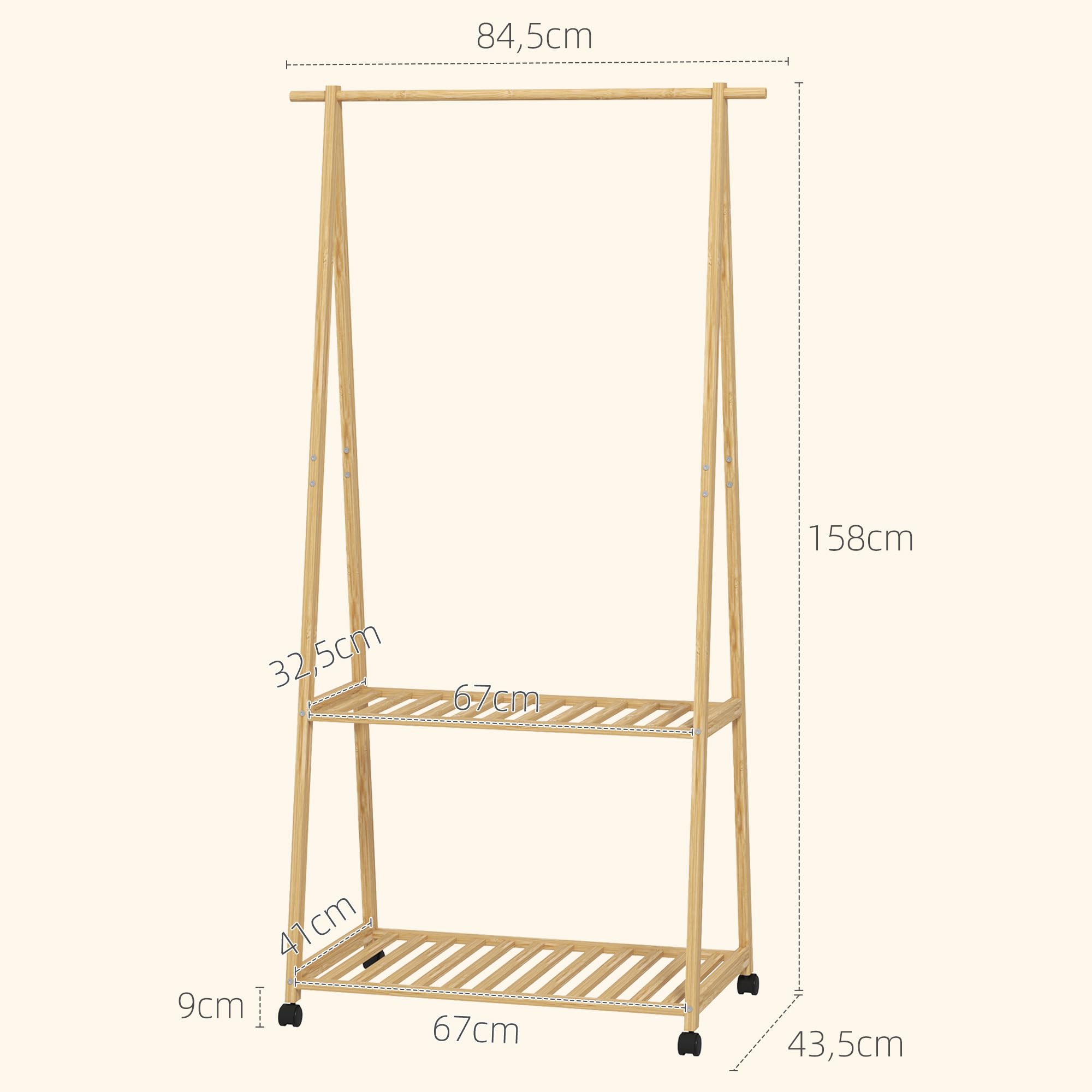 HOMCOM Burro para Ropa de Bambú con 2 Ganchos 84,5x43,5x158 cm Natural | Perchero, Burro para Ropa con Ruedas, 2 Estantes Abiertos, para Entrada Pasillo Dormitorio