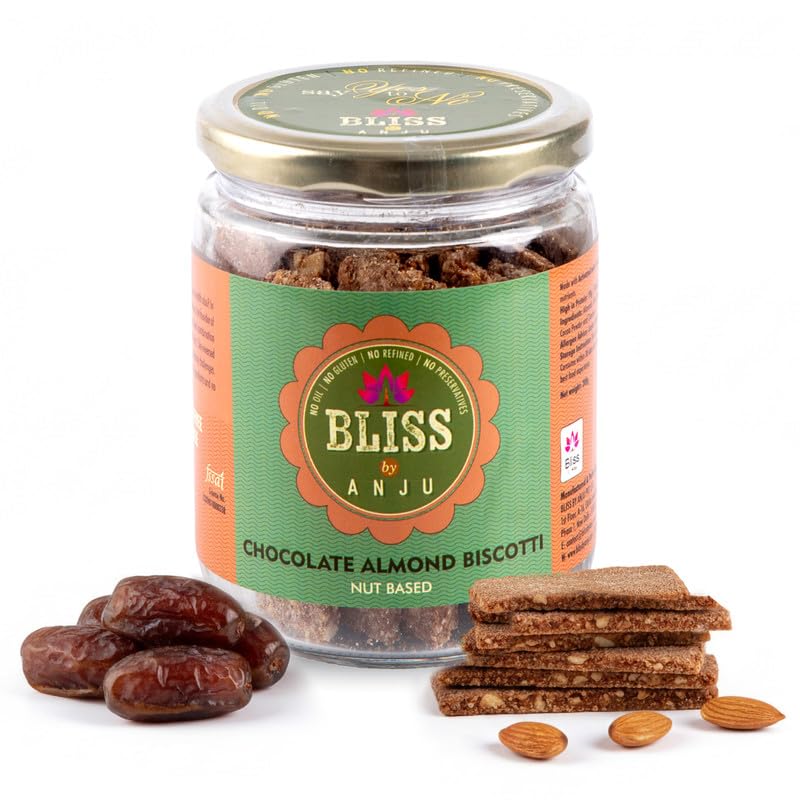 Image of Bliss by Anju Chocolate Almond Biscotti 200g | Contains 38g Protein Per Pack | Activated Almonds & Premium Cocoa | Baked, Gluten-Free | Rich in Fibre & Healthy Fats | Wholesome Crunchy Snack