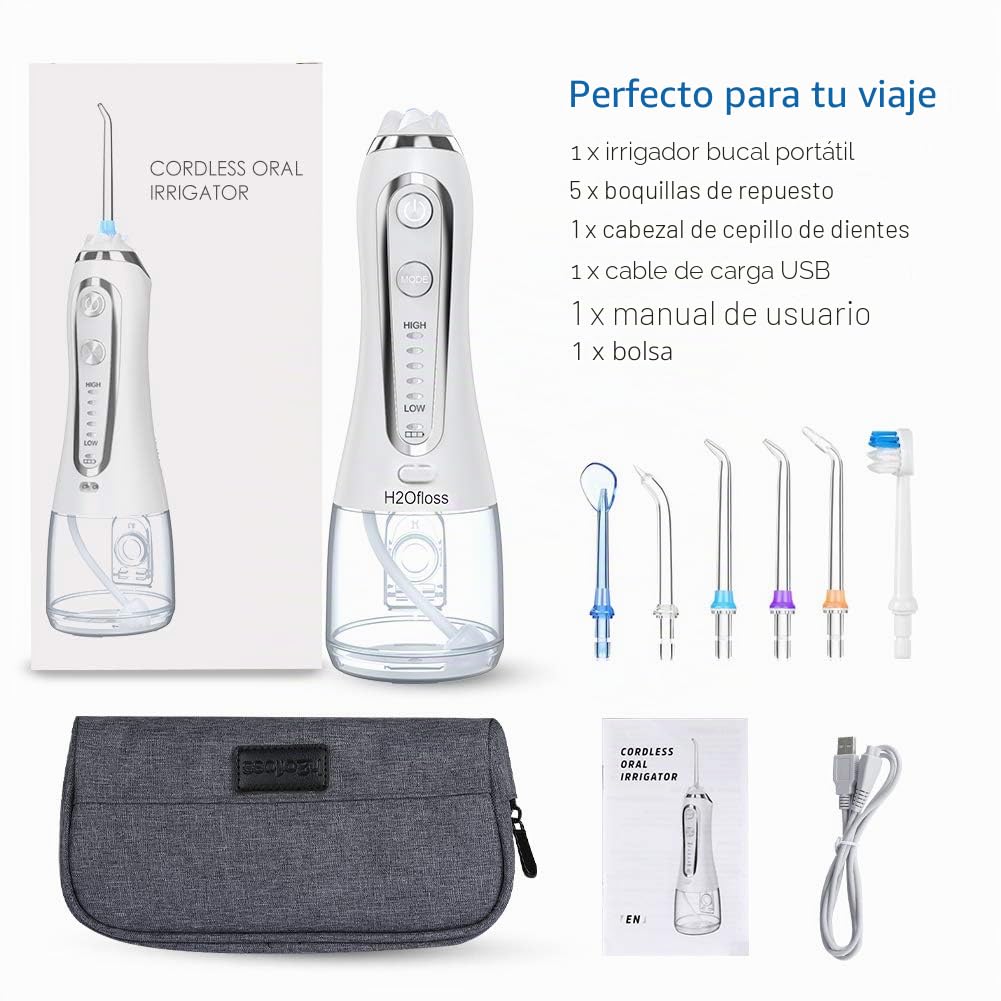 Irrigador Bucal Portátil Profesional - Multifuncional 300ml Irrigador Dental, 5 Modos 6 Boquillas, Tanque de Agua Extraíble, IPX7 Impermeable para Limpieza Dental, Ideal para Viaje(Blanco)