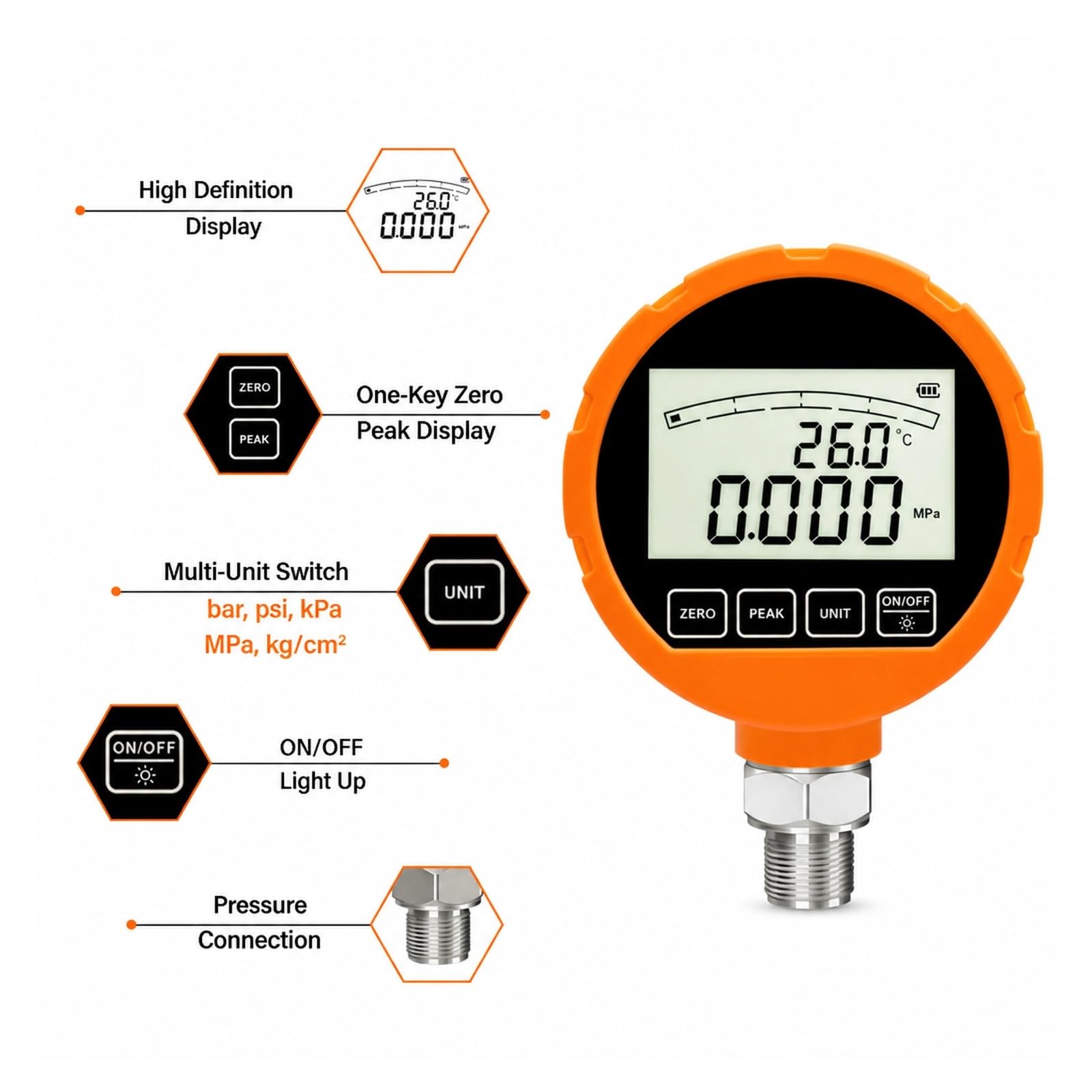 Ciśnieniomierz, Cyfrowy Manometr Hydrauliczny ME461P | SUS316L, LCD, 4-1/2 Pozycji, IP54, 200 PSI I Więcej, Gwint Męski/żeński, Średnica 83 Mm(G1-2 0-25Mpa)