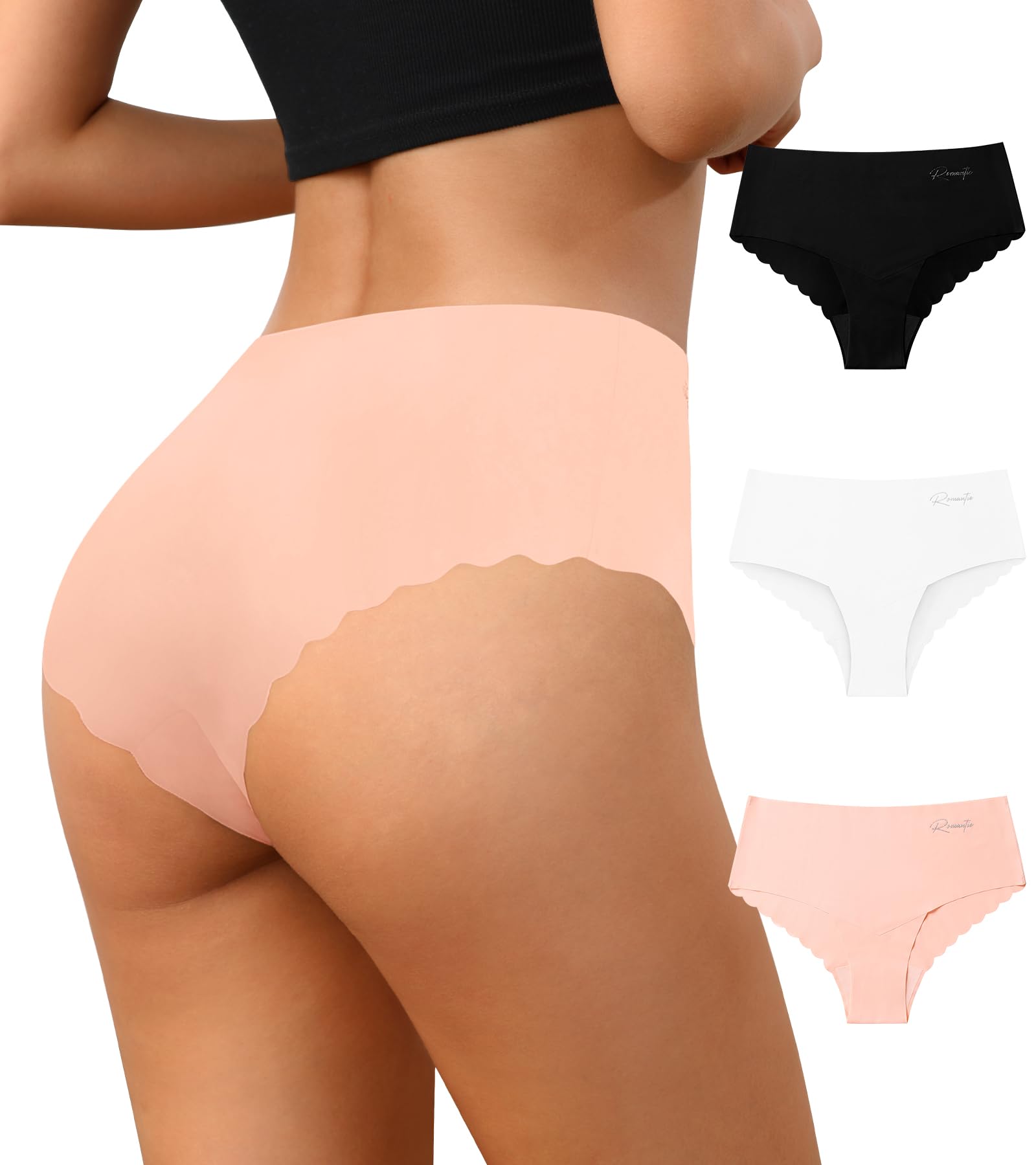 K-CHEONYSeamless Bikini Underwear for Women No Show Panties Ladies High Waisted Cheeky Silky Hipster 3Pack