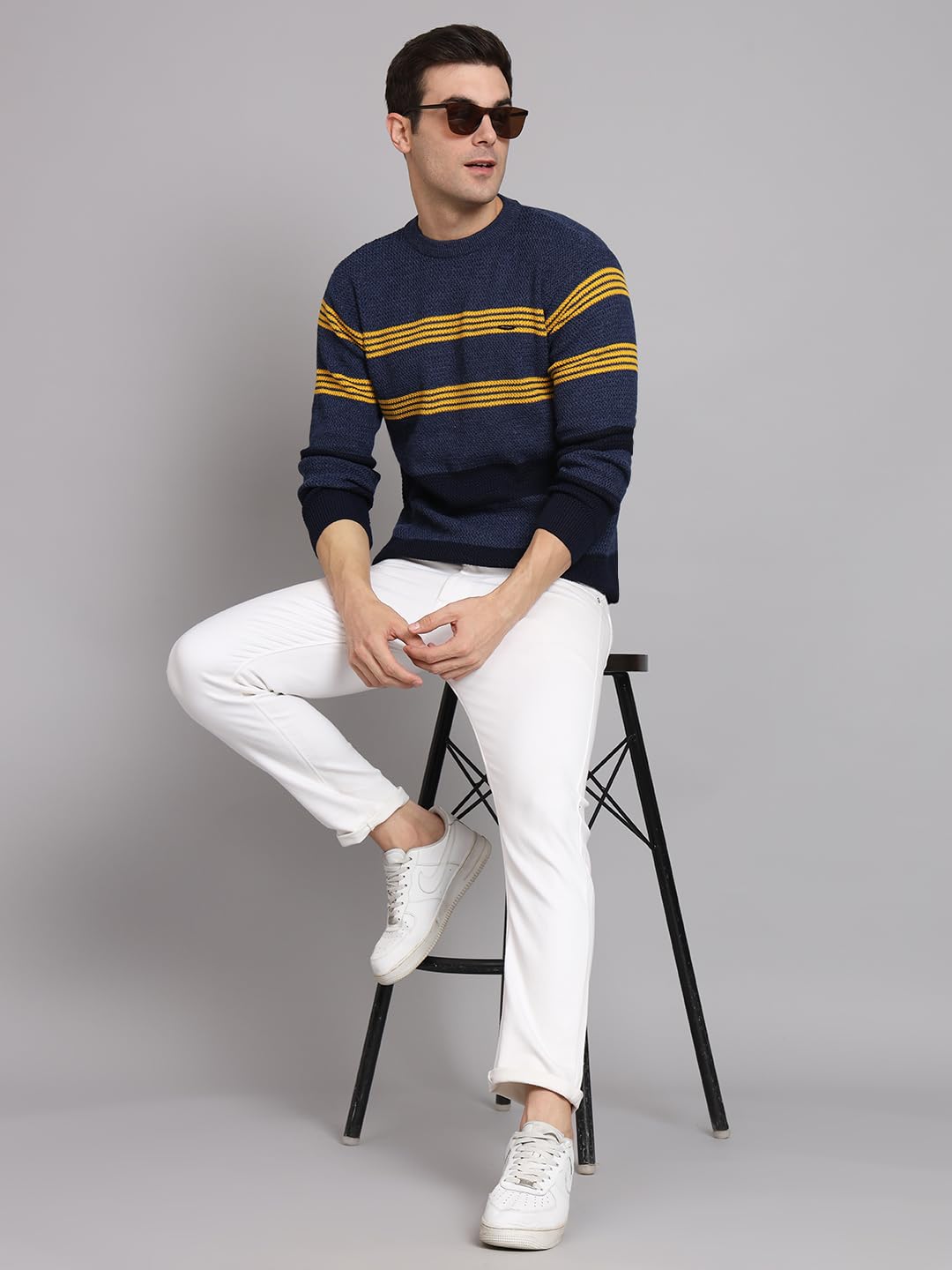 eWools Men's Winterwear Woolen Striped Round Neck Cardigans Sweaters (Blue, Large) - Image 5 thumbnail