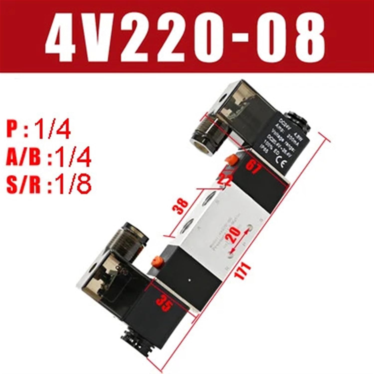 Solenoid Valve 220V Pneumatic 4V220-08 Air 5 way 2 Position 1/4 Coil Alloy Internal DC 12V DC 24V AC110V(4v220-08,DC12V)
