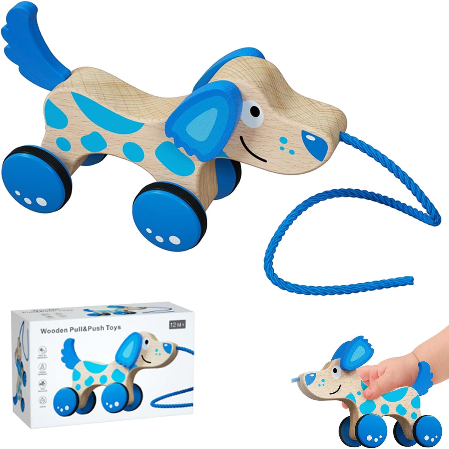 Wooden Push Pull Dog Toys Pull Toys for Toddlers 1-3 Baby Pull Toy Stand and Roll Toys Push Along String Dog Toys