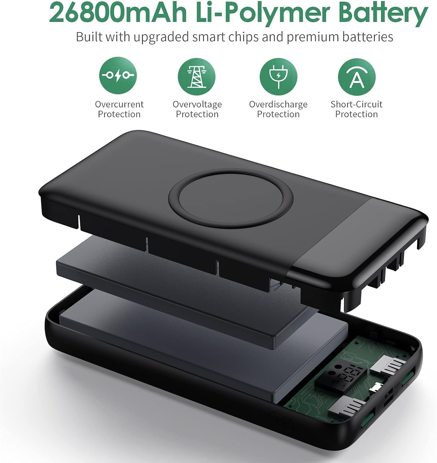 Wireless Powerbank Schnellladen 26800mAh, Power Bank 25W PD3.0+QC4.0, 15W Wireless Charger Powerbank 4 Outputs USB C Externer Akku mit LCD Display Kompatibel mit iPhone Huawei Samsung Oppo-Schwarz