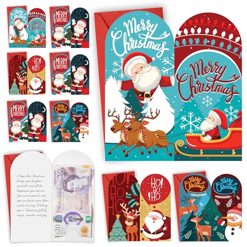 Pack of 16 Christmas Money Wallets and Envelopes Xmas Money Wallets for Cash Gifts Featuring 4 Cute Santa Designs - Eco-Friendly Christmas envelopes Multipack for Family Friends and Kids