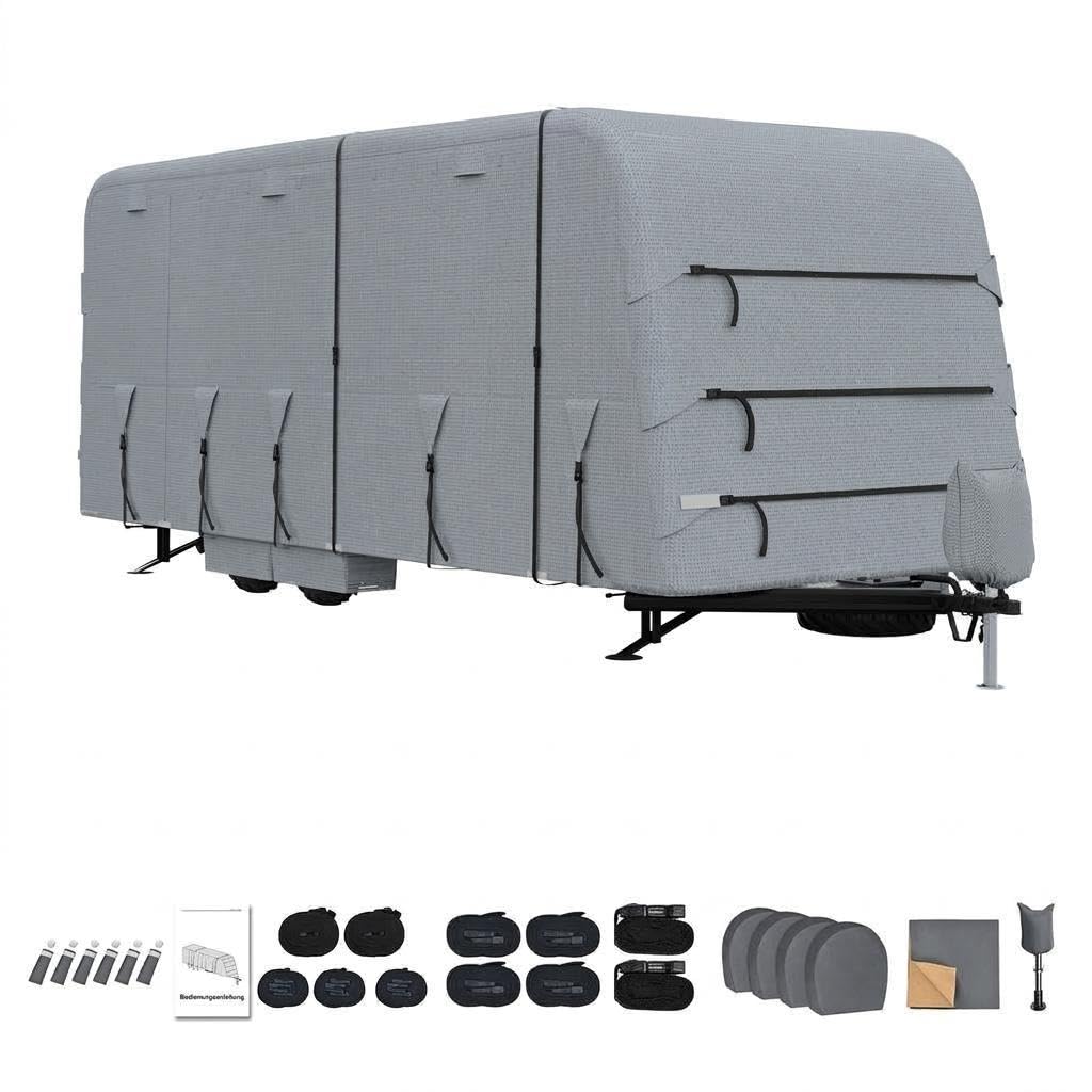 GarveeLife Wohnwagen/Wohnmobil Abdeckplane 4-Lagig 160 g/M² Dach + 3-Lagig 110 g/M² Seiten, Wasserfest, UV-Schutz (UPF 50+), Reißfest, Mit Lüftungsöffnungen, Rollbare Zugangspaneele