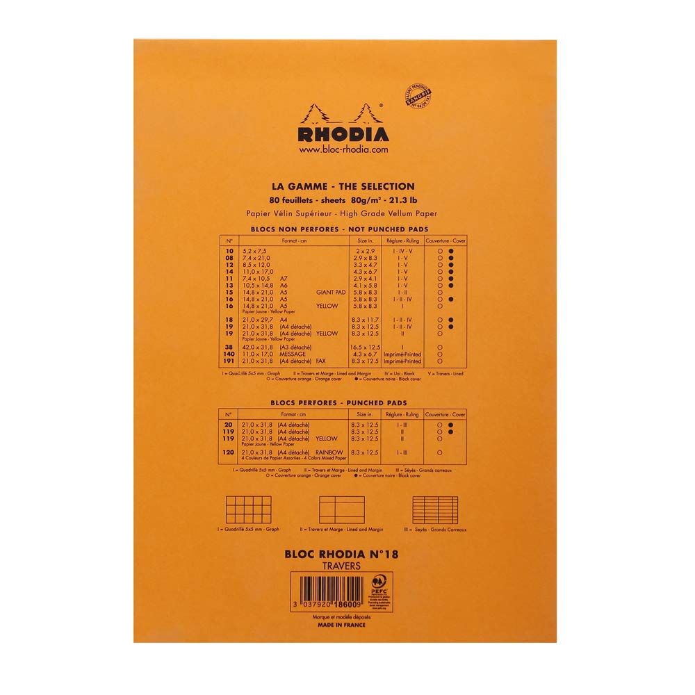 Rhodia Bloc-Notes Agrafé N°18 Orange A4 21 x 29,7 cm Ligné 80 Feuillets Papier Clairefontaine 80 g/m²