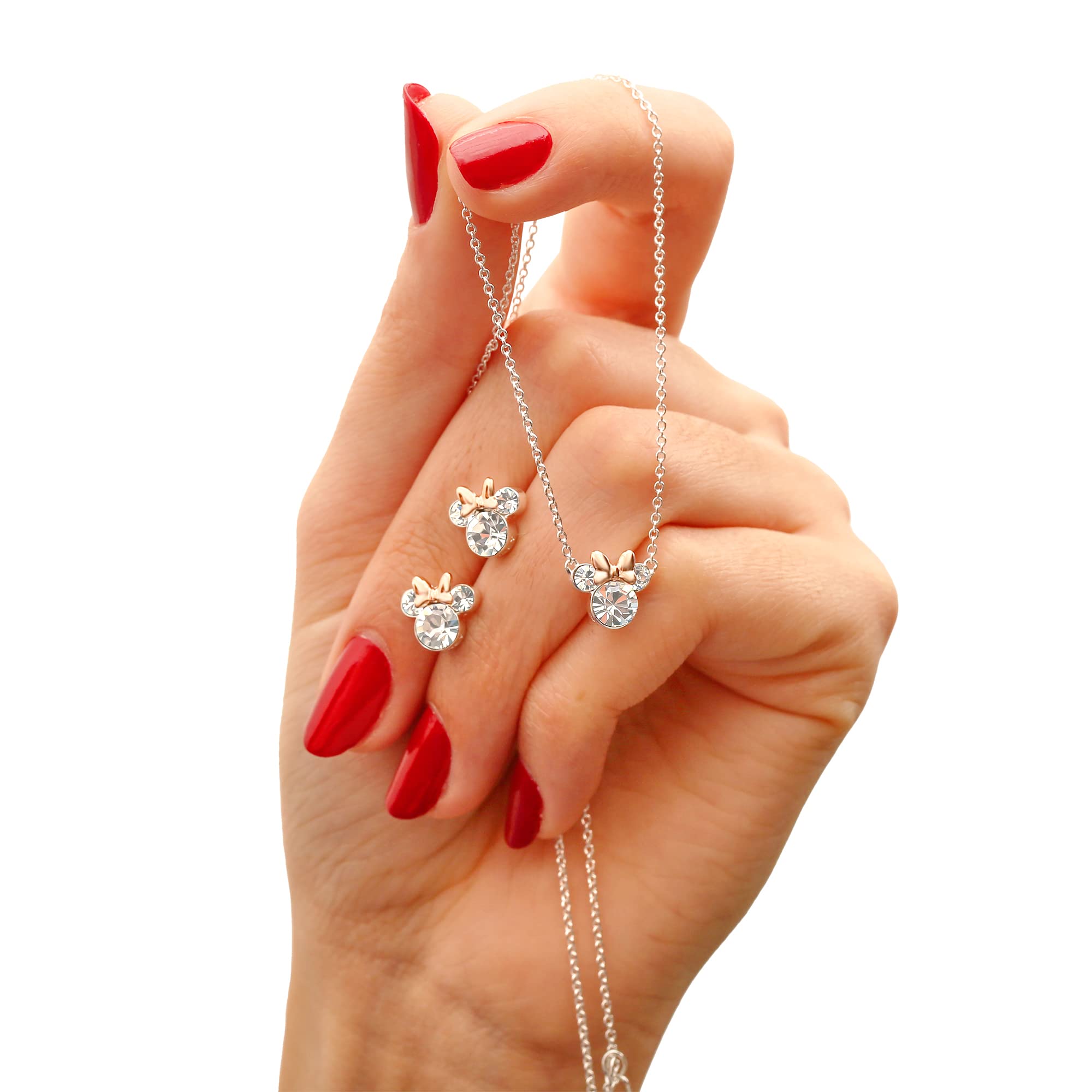 Disney Conjunto Collar y Pendientes Minnie Mouse en Latón, Preciosas Circonitas Blancas, Piedra de Nacimiento de Abril, Aptos para Mujeres y Niñas, Listos para Regalar, Joyas Oficiales
