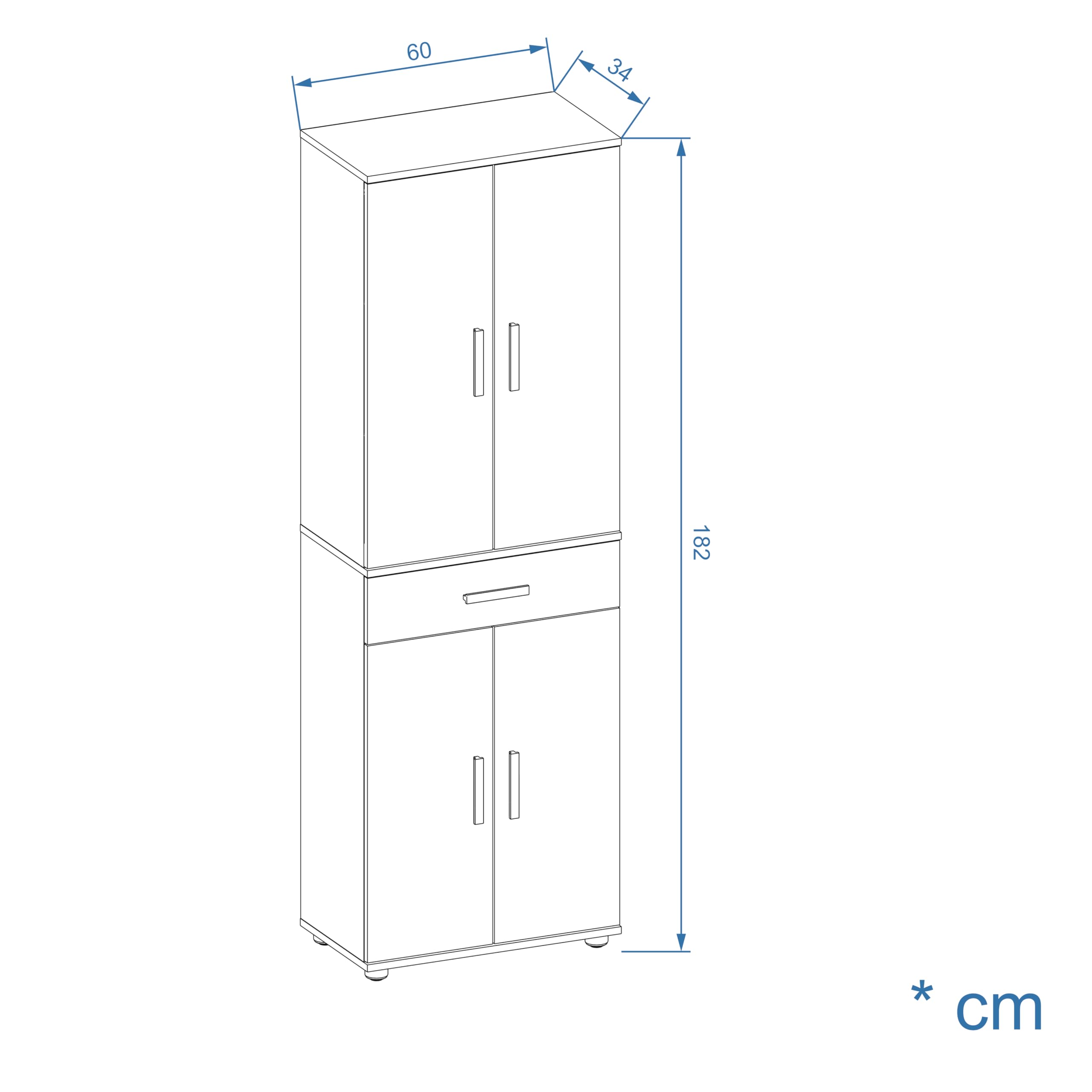 KOMTO Mehrzweckschrank 60 cm Breit - Schrank Weiß, Kleiderschrank mit 1 Schublade, Hochschrank, Büroschrank, Bücherschrank mit 4 Türen | Porto 180 х 34 х 60 cm