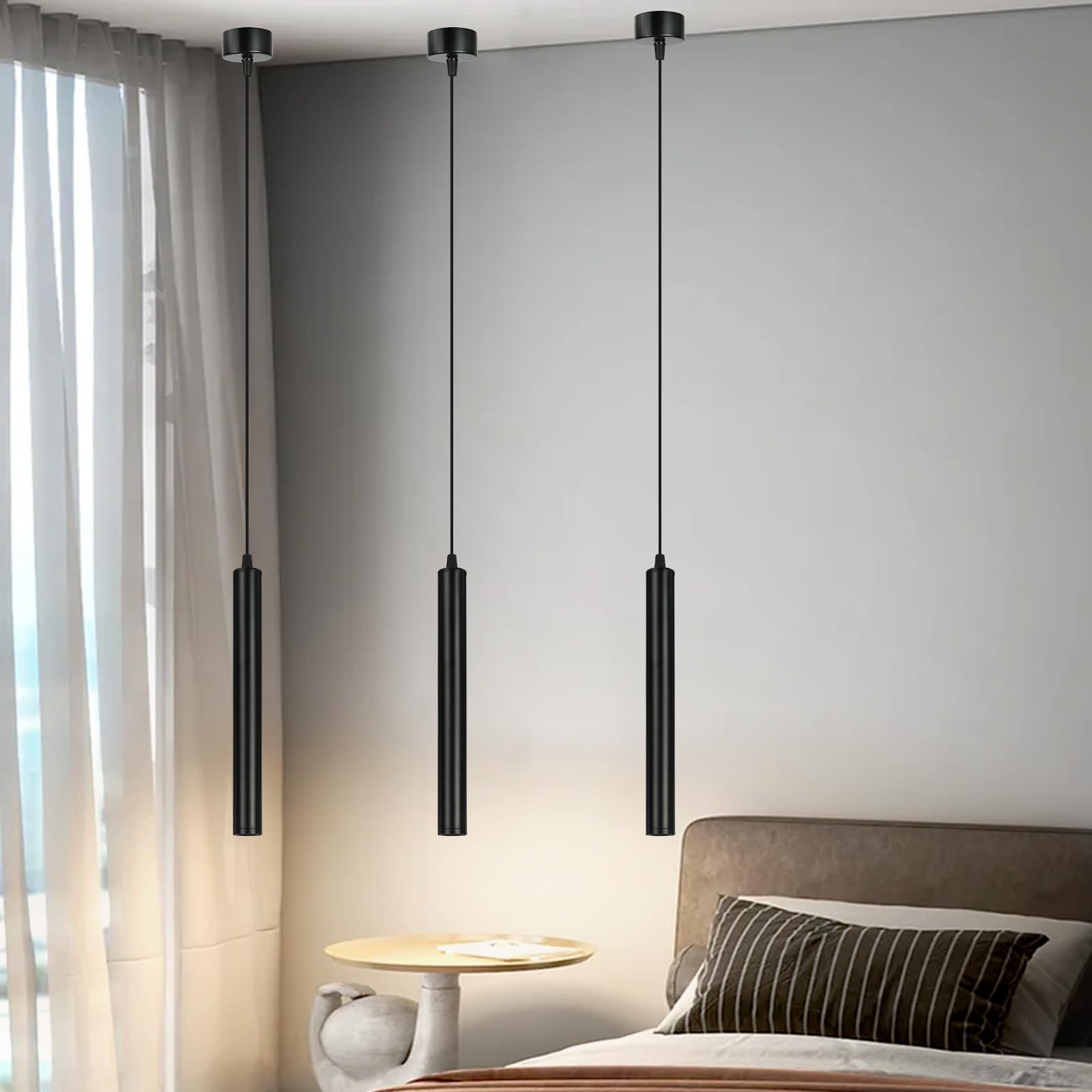 HOTUT Zylinder Hängelampe Schwarz,3 Stück Pendelleuchte Modern Zylinder, Höhenverstellbar 30cm Aluminium Kronleuchter, Hängeleuchte lang für Küche Esszimmer Nachttisch Schlafzimmer Bar