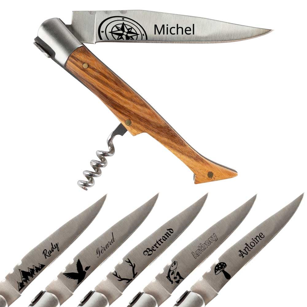 Couteau de poche personnalisé – Tire bouchon, manche en frêne et gravure sur lame – Cadeau personnalisé homme fête des pères, anniversaire ou Noel