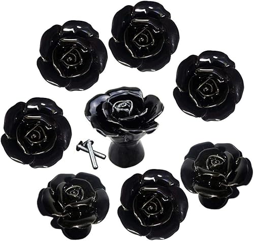 DLD 8 PIEZAS Pomos de Puerta de Cerámica Negra Vintage Floral Rosa con Manija para Cajón de Cocina + Tornillo (Negro)