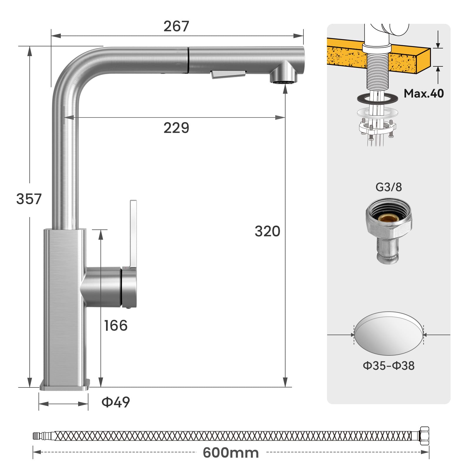 CECIPA Grifo Cocina Extraíble, Grifo Fregadero Acero Inoxidable, Grifo de Cocina Extensible, Grifo Monomando Cocina con Doble Chorro, Torneira Cozinha 360° Giratorio, Griferia Cocina Moderno