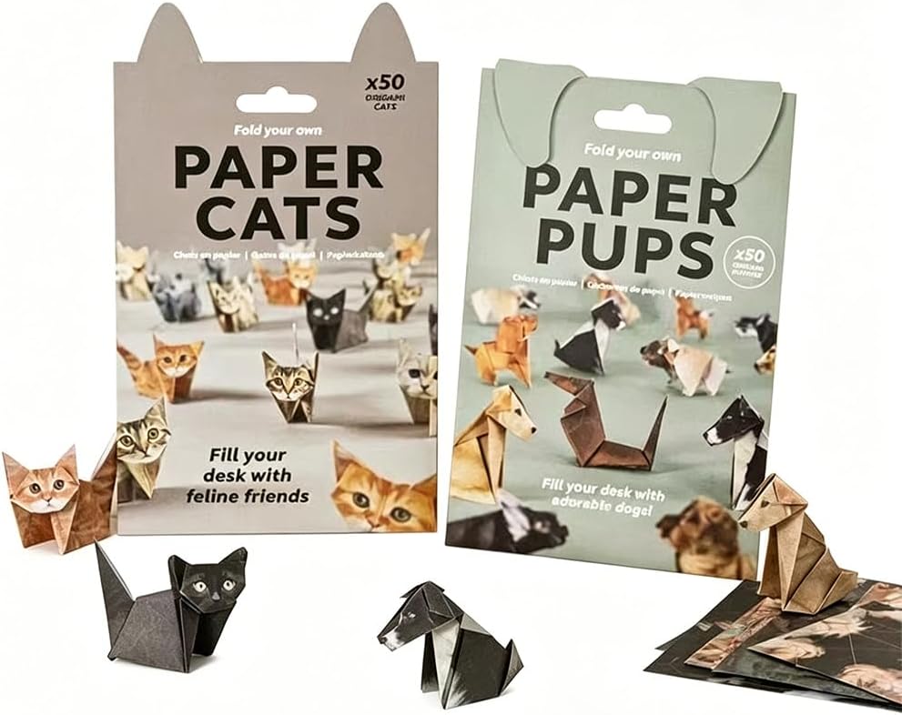 Fold Your Own Paper Cats and Pups Origami Kit, DIY Cat and Dog Craft, Desk Decor, 50 Sheets, Gift for Cat Lovers