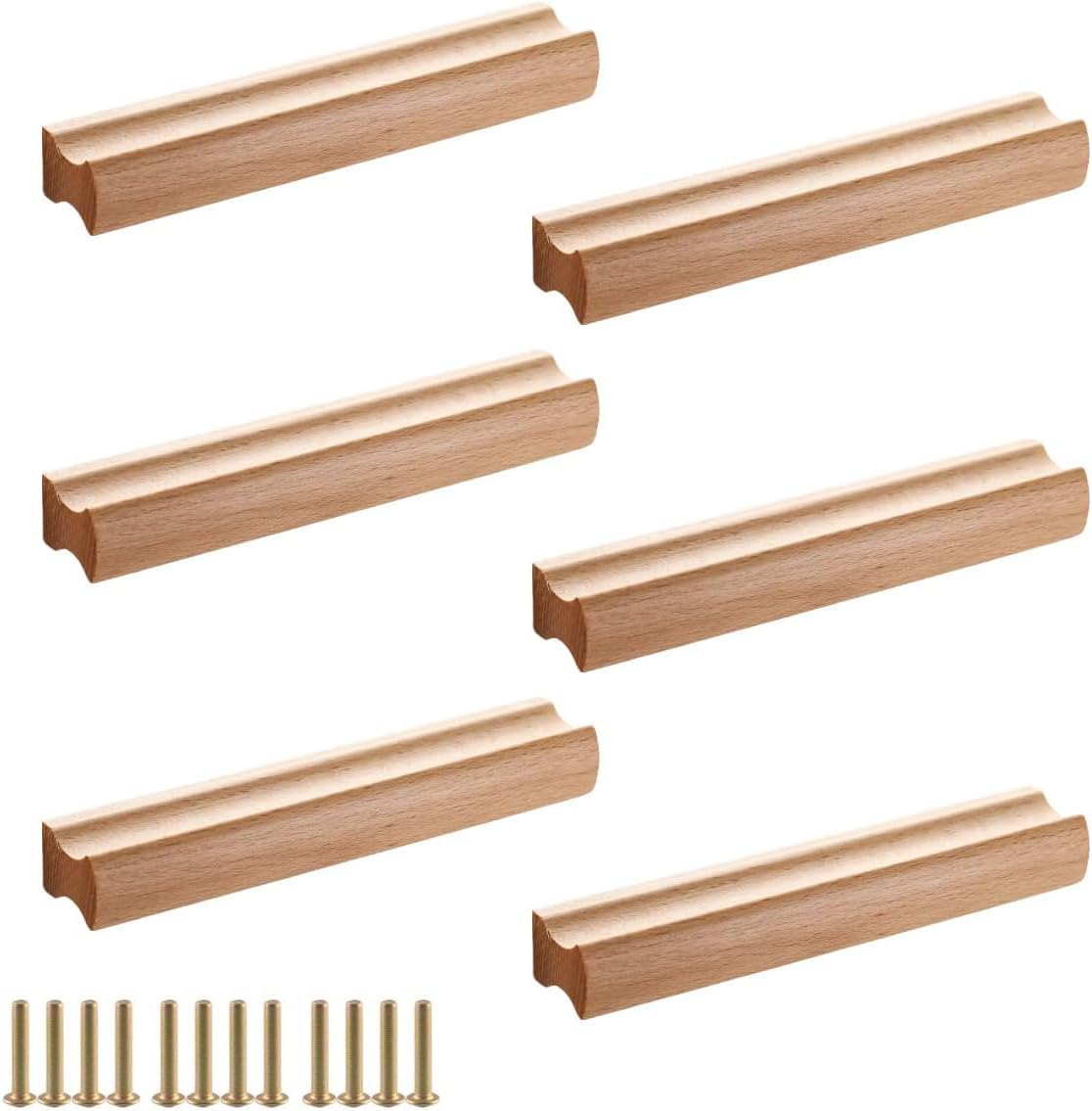 Wooden Furniture Handles, Cabinet Handles Wood with Screws, Hole Spacing 128 mm, Bathrooms, for Cabinets, Offices and Kitchens, Pack of 6, 128 mm