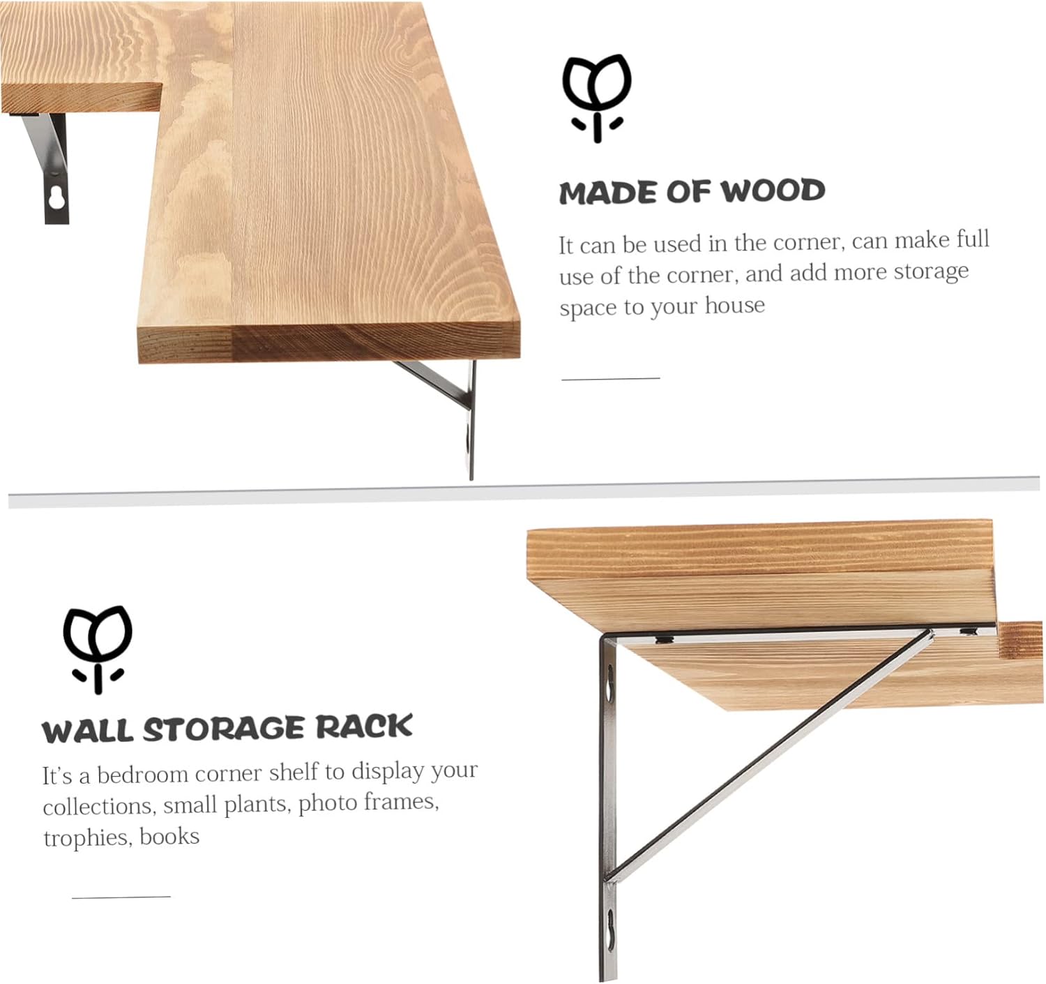 Mobestech Wooden Corner Shelf Space-Saving Wall-Mounted Storage Rack for Kitchen and Bathroom Pine Floating Shelf for Small Items Organizer Rustic Home Decor