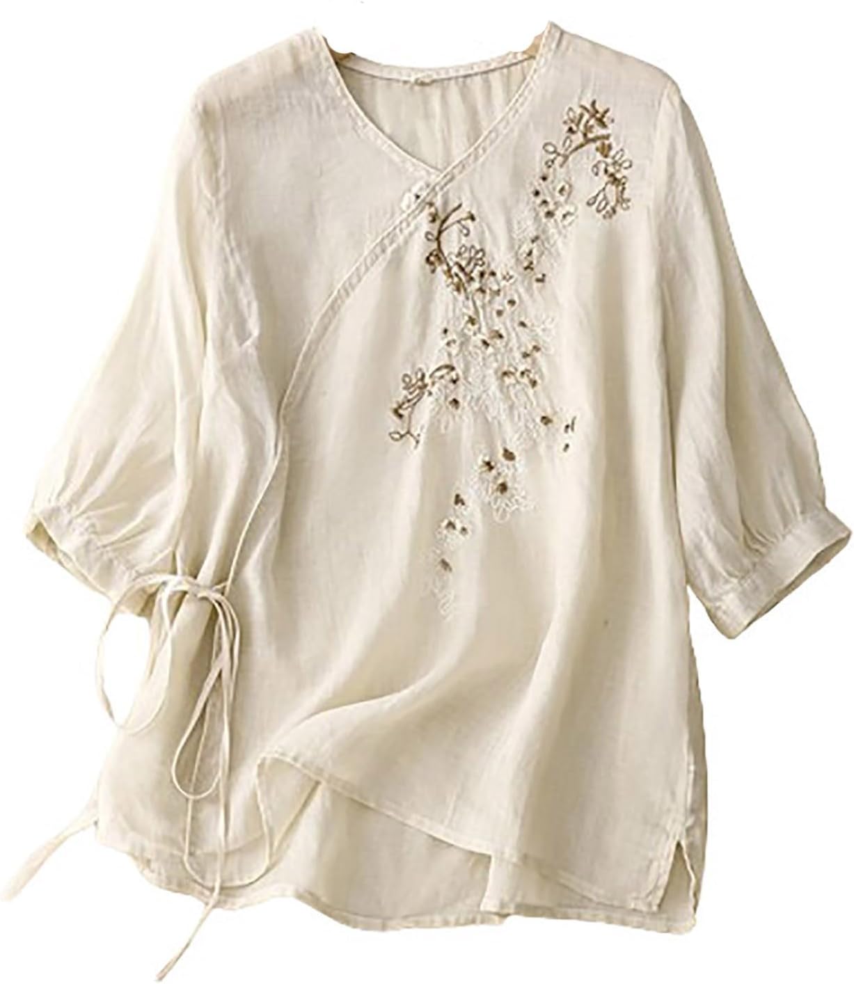 Lmdudan Women's Embroidered Blouse Cotton Linen 3/4 Sleeve Peasant Boho Tunic Tops Casual V Neck Loose Fit Tee Shirts 2024
