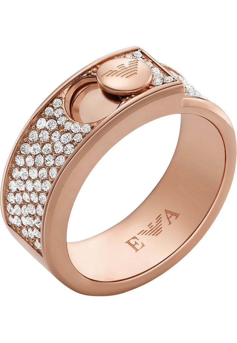 Emporio Armani Anello a fascia da donna in acciaio color oro rosa con cristalli incastonati, EGS3092221