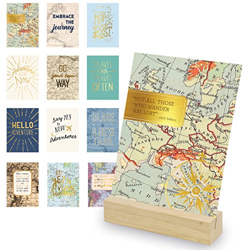 WORLD TRAVELER Eccolo Adventure Art Desk Stand, Wooden Block Stand, 12 Gold Stamped Inspirational Cards