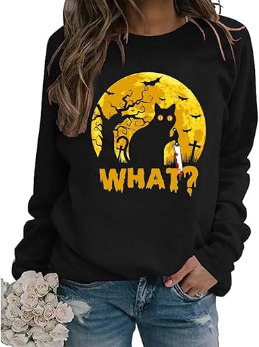 Sudadera de Halloween con diseño de gato negro para mujer, camiseta divertida con diseño de gato y terror, suéteres de manga larga con cuello redondo