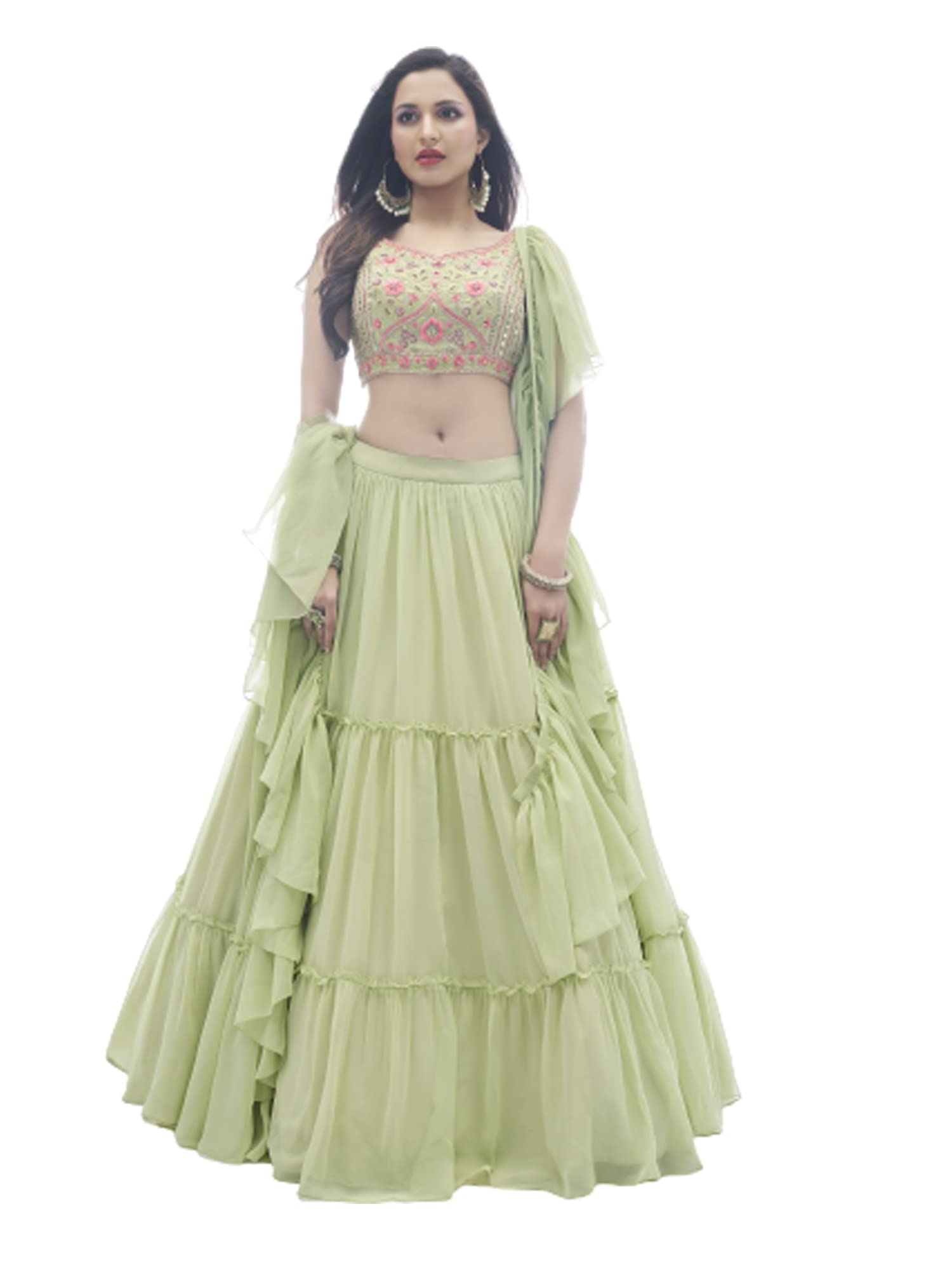 ETHNIC EMPORIUMgreen Indian Bridesmaid Mirror hand georgette Flared Lehenga choli dupatta top 3308