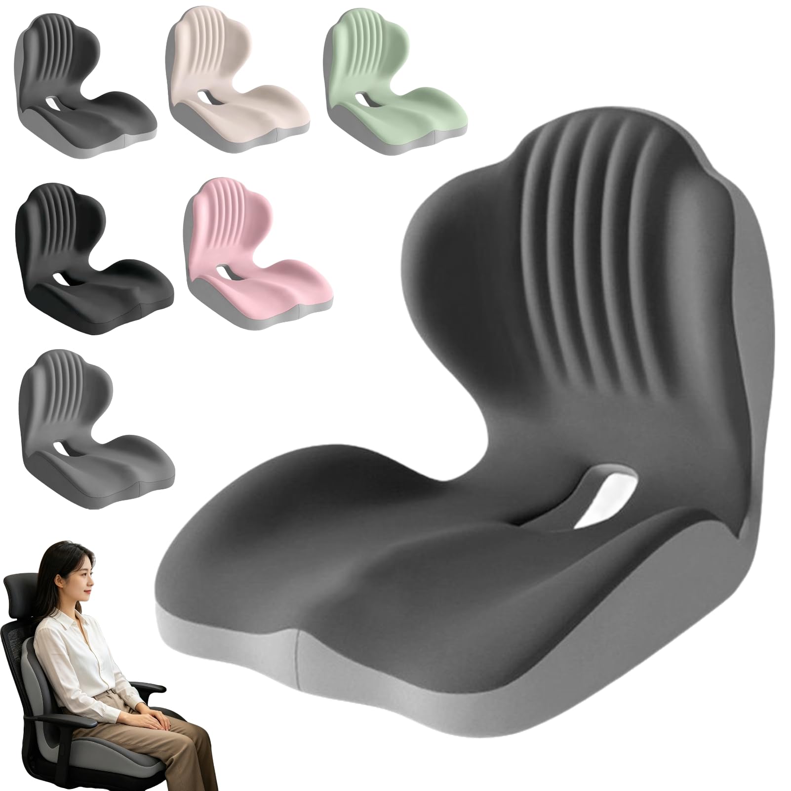 Kryilut Ergonomic Memory Foam Seat Cushion With Back Support, Office Chair Cushion For Back And Butt Comfort, High-Density Memory Foam L Shaped Cushion For Car, Office And Home Use (Black-Gray)