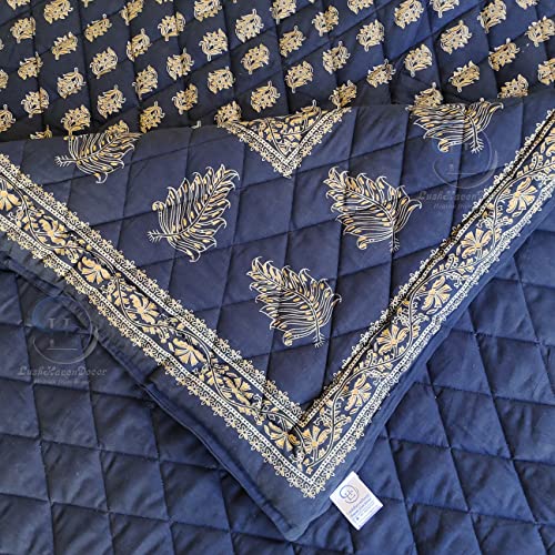 Image of Jaipuri Razai Single Bed Gold Print with Computerized Quilting Use as Soft and Breathable Cotton Comforter Quilt Rajai Blanket Dohar Size 55X85 inch Blue Pack of 2