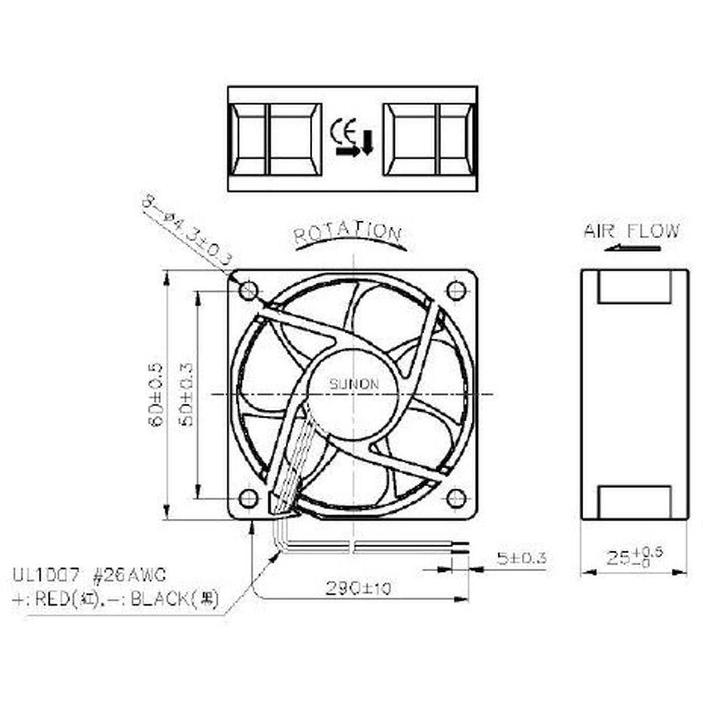 Ventola 12V DC 1,56W 60x60x25mm 45,9m³/h 5200U/Min 45,9m³/h Sunon MF60251VX1000UA99
