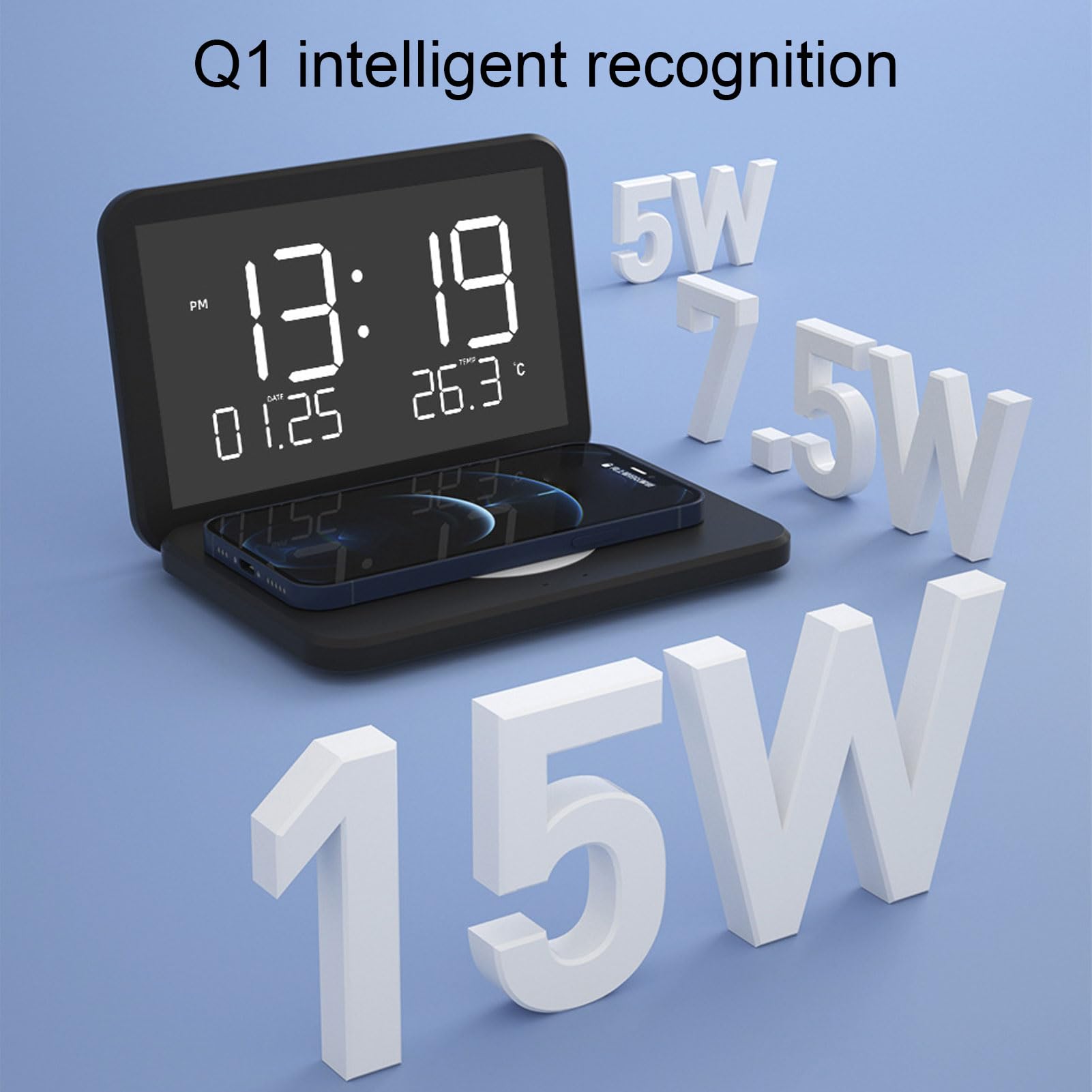 Orologio con Ricarica Wireless, Design Pieghevole con Specchio LED, Caricabatterie Rapido da 15 W per la Scrivania 'ufficio della Camera da Letto (BLACK)