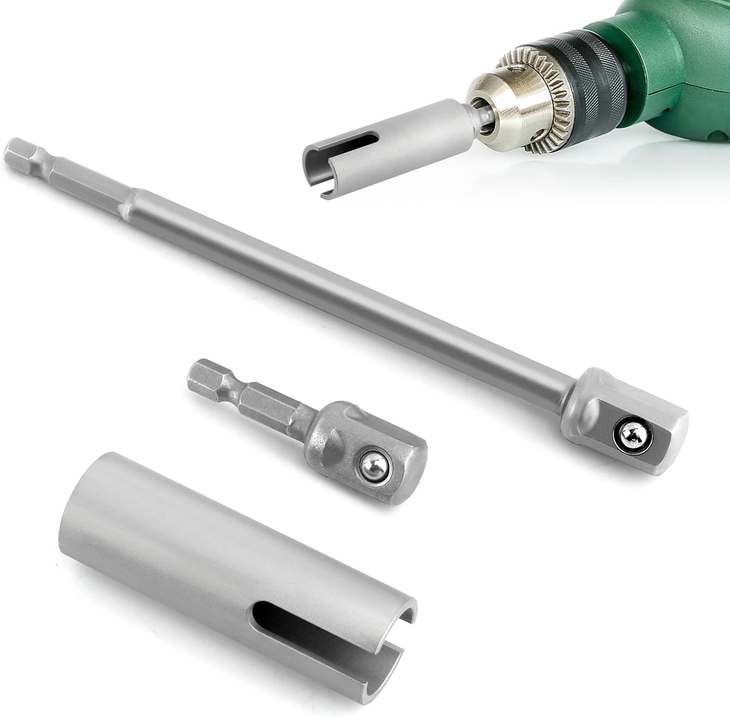 Scissor Jack Drill Attachment Slotted T Slot Adapter, Stainless Steel RV Trailer Jack Adapter Kit with 2 Extension Bits, 4 in and 8 in Length, for Cordless Drill Impact Wrench, Silver