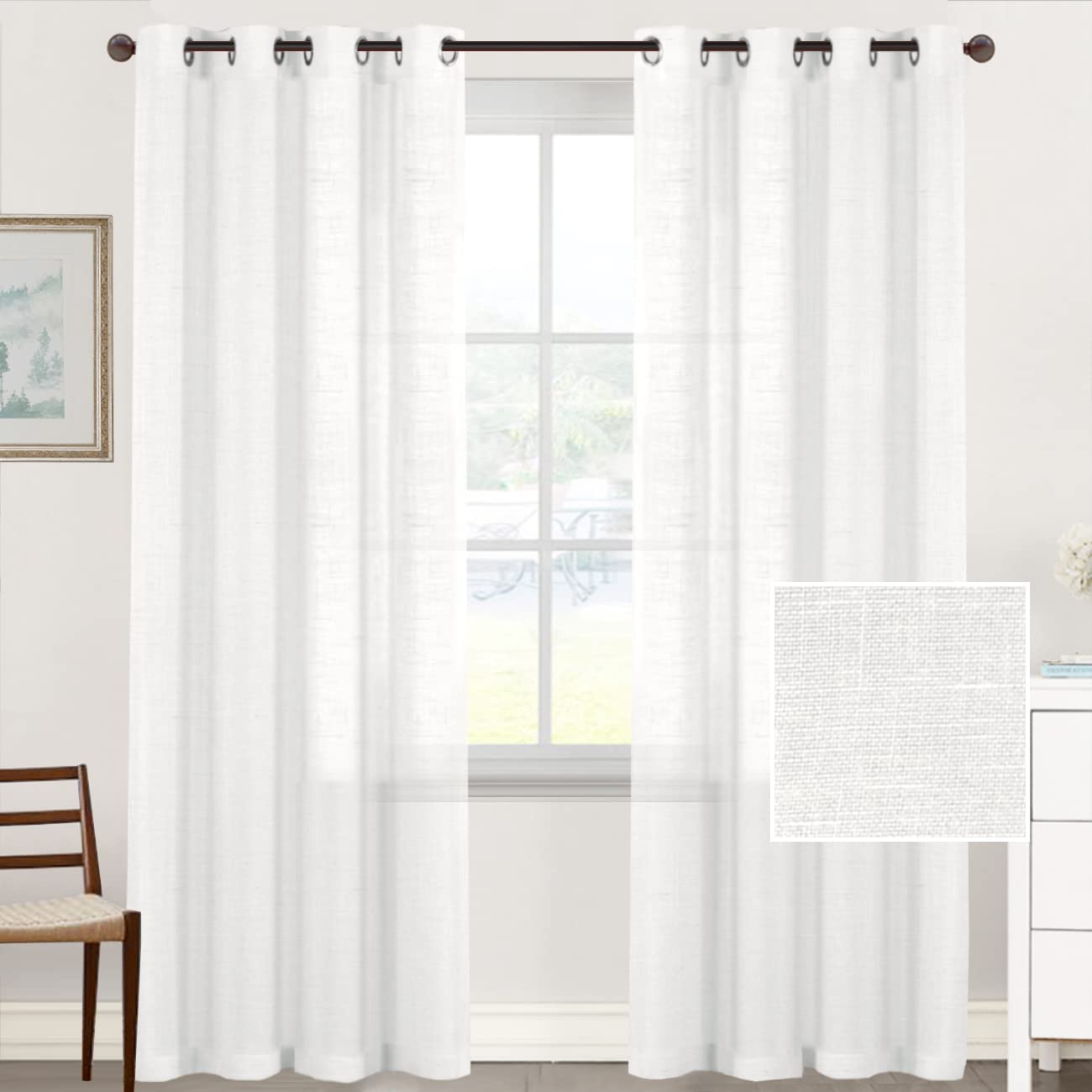 Tenger Home 2 Piezas Cortinas de Voile para salón Cortinas Salon ortinas de Lino con Ojales Cortinas y Visillos, Translucidas Visillos para Ventanas Habitacion, Visillos Salón (Blanco, 150 x 225 cm)