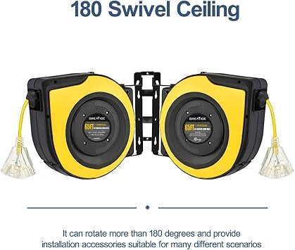 Retractable Extension Cord Reel, 65 Feet 12 AWG/3C SJTOW Heavy Duty Power Cord,15 AMP Circuit Breaker, 3-Lighted Triple Outlets, Ceiling or Wall Mount,Yellow